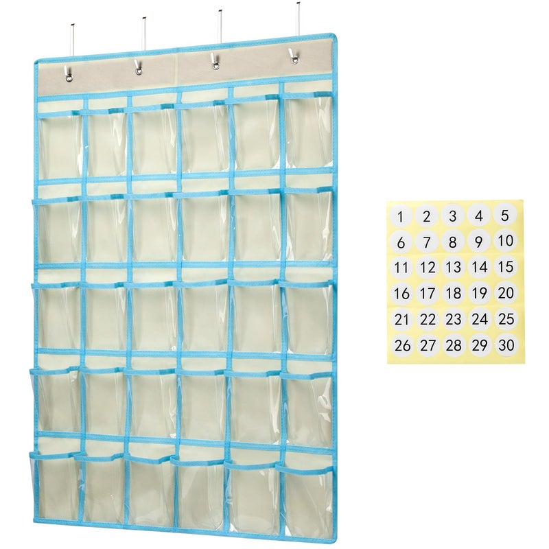 KEEPJOY Classroom Pocket Charts for Cell Phone Calculator Holders, Pocket Organizer for Cell phone Jail with 30 Clear Pockets chart Size 33.5 x 24.5 Inch Classroom Pocket Storage (Beige-30pockets) - Image 1